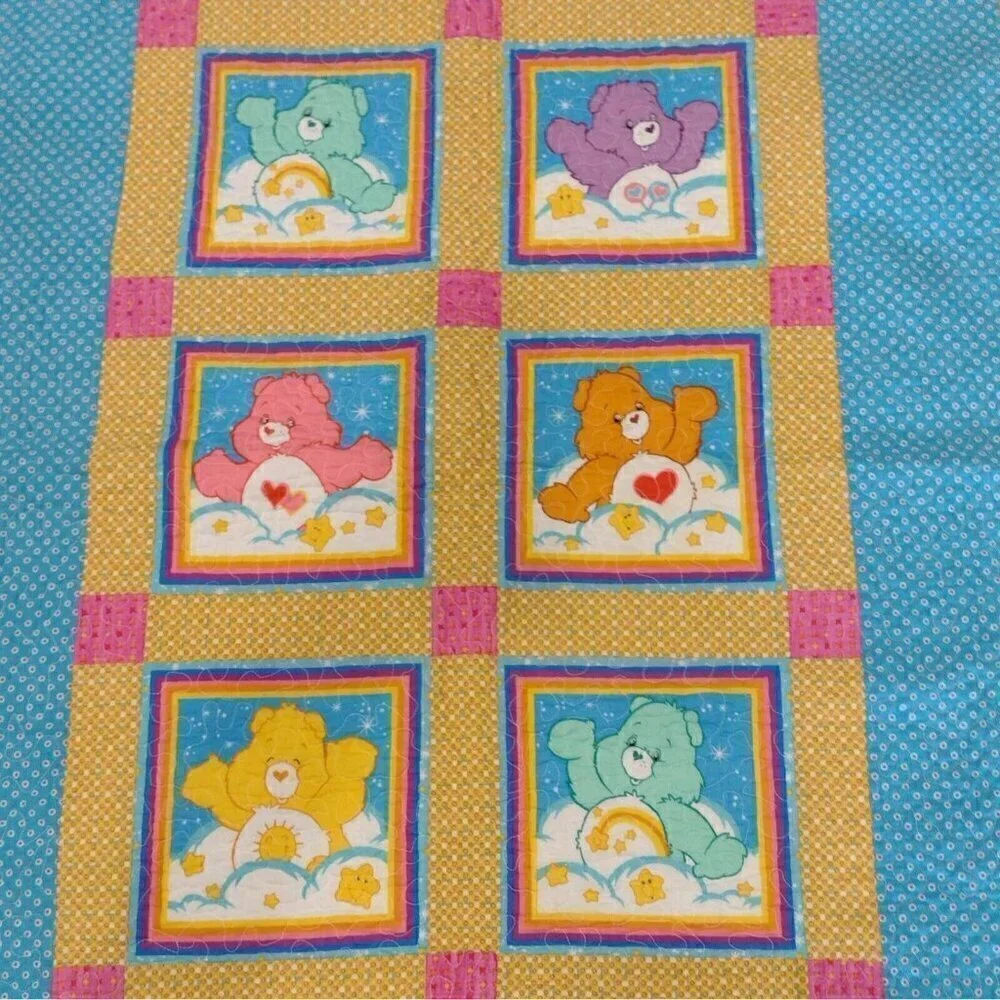 Handmade Care Bears Baby Crib Quilt Lap Blanket Wall Hanger Multi Color 43 X 32